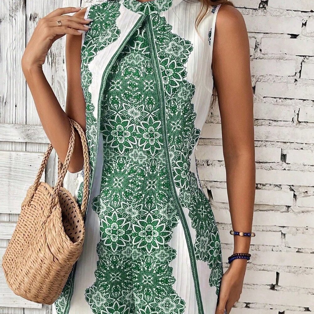 Green Boho Women's Floral Print Casual Stand Collar Jumpsuit